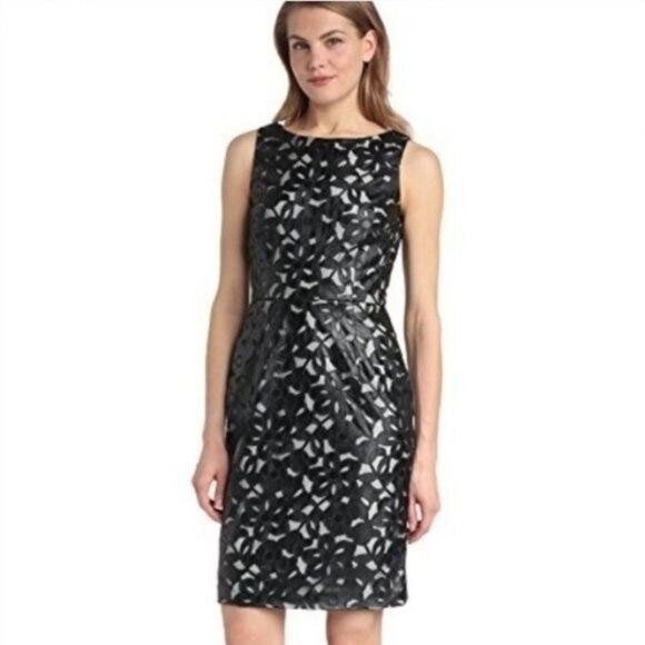 CALVIN KLEIN / Floral Faux Leather Lace Sheath Dress SZ 4 - Picture 1 of 12